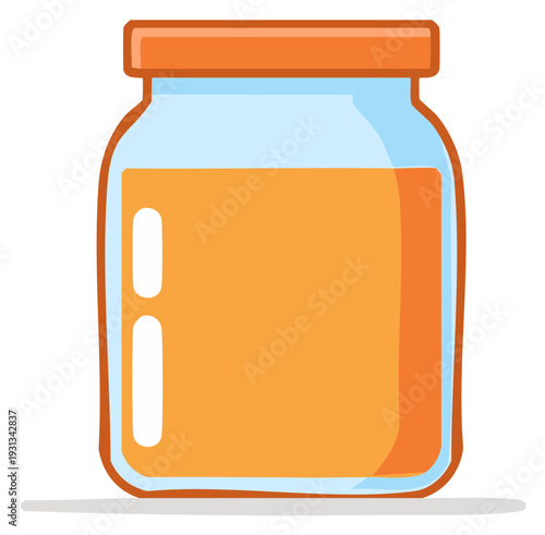 Glass jar filled with bright orange liquid and an orange lid isolated on white
