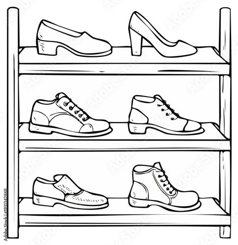 Selection of different types of shoes arranged on wooden shelves in a boutique or store