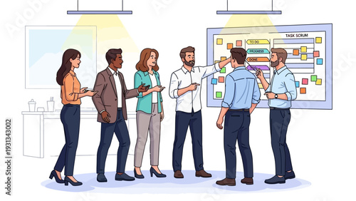 Diverse Team Collaboration on Task Scrum Board. Agile Project Planning and Management Meeting Illustration.