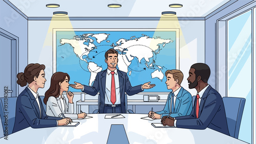 Global Business Strategy Meeting: Leader Presenting World Map to Diverse Corporate Team in Boardroom Illustration