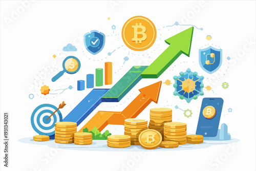 Abstract Financial Growth Chart with Blockchain Icons and Upward Arrows Infographic