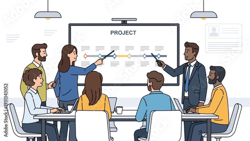 Team Collaboration and Project Management Presentation. Diverse Business Group Meeting discussing Strategy and Timeline.