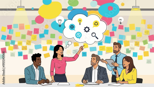 Agile Team Brainstorming Session. Diverse colleagues collaborating on strategy with sticky notes for innovation and idea generation.