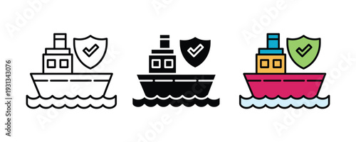 Cargo ship with safety shield icon set. Secure maritime transport, protected freight shipping, and international logistics insurance symbol. Vector Illustration.