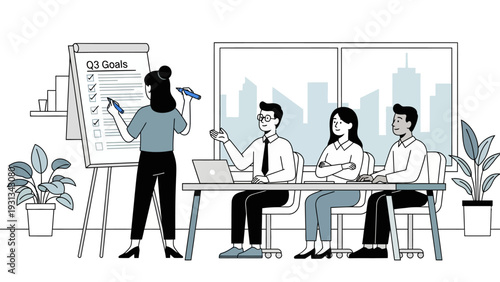 Business Meeting Illustration: Team Collaborating on Q3 Goals, Strategy, and Task Completion Checklist. Corporate Success and Project Planning Vector.
