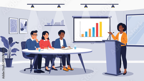 Diverse Team Presentation, Business Woman Speaking at Podium, Showing Growth Data on Screen. Modern Corporate Meeting Illustration.