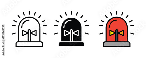 Emergency siren flasher icon set. Police car strobe light, ambulance warning beacon, and fire truck alert symbol for security and safety design. Vector Illustration.