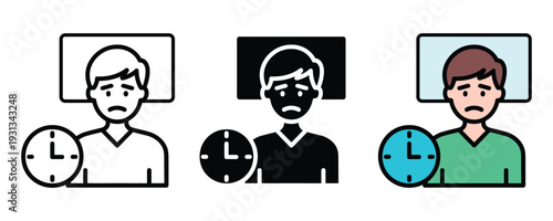 Insomnia and sleep disorder icon set. Man in bed with clock symbol for sleeplessness, stress, and mental health awareness design. Vector Illustration.