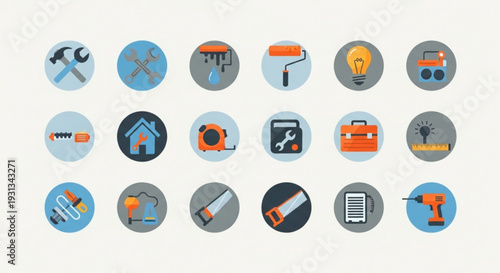 Collection of 20 diy and home improvement icons featuring tools and equipment on a white background