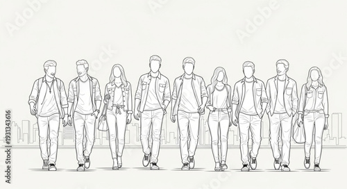 Diverse group of people standing together in a line illustration.