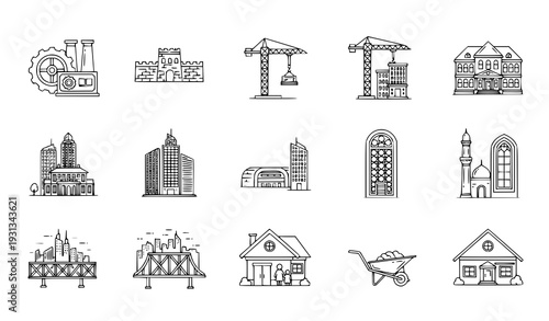 Engineering and Architecture Thin Line Icons – City Skyline Mansion Gear Construction Vector Set