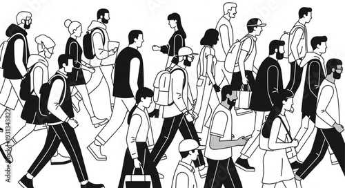 Diverse group of people walking in a busy urban environment.