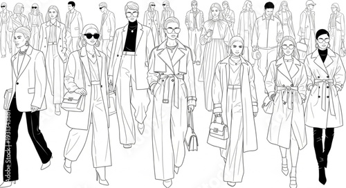 Diverse group of people walking in a crowd wearing stylish coats.