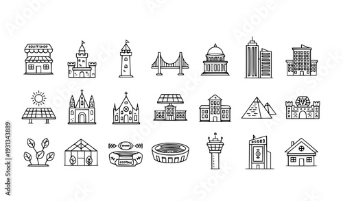 Modern Outline Building Icons – Landmark and City Architecture Thin Line Vector Pack