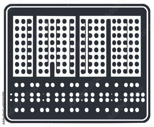 Braille inscription on a dark rectangle, tactile dots forming language.