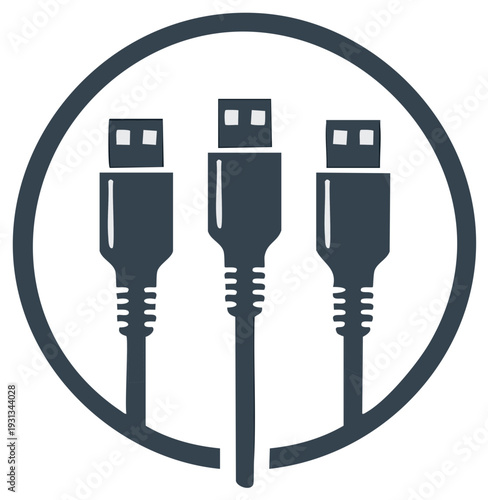 USB Cable Connections: Three Cables Inside of a Circle Connector Icon Graphic Technology Connection Hub Peripheral