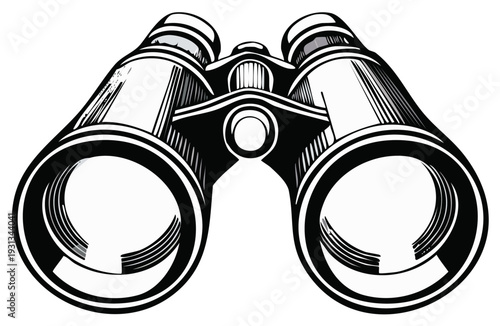 Detailed black and white illustration of binoculars, ready for observation and discovery.