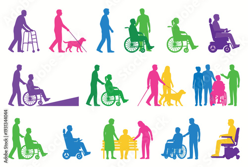 Inclusive Disability Silhouettes Collection featuring People in Wheelchairs with Guide Dogs Using Walkers and Mobility Aids Colorful Icons for Healthcare Accessibility and Community Diversity Vector I
