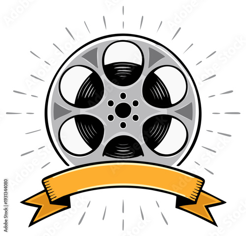 Film reel with sunburst rays and banner illustration for cinema concepts