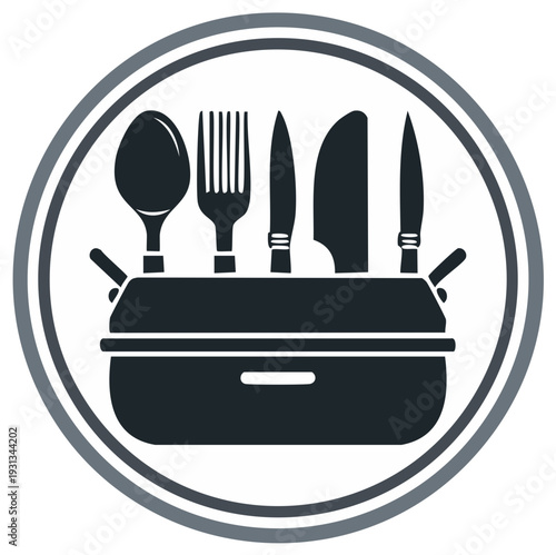 Kitchen Utensil Holder with Tools and Flatware Inside Minimalist Circle Icon