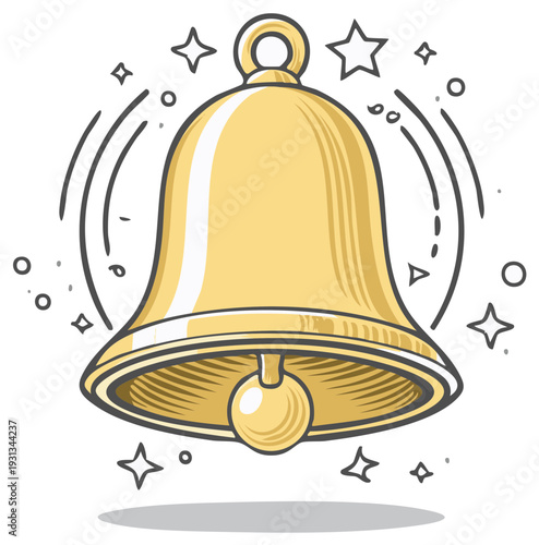 Golden handbell with ringing sound waves and sparkling stars, festive celebration announcement