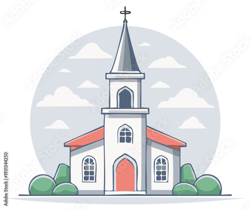 Charming Church Steeple and Arched Entrance with Coral Door Amidst Fluffy Clouds