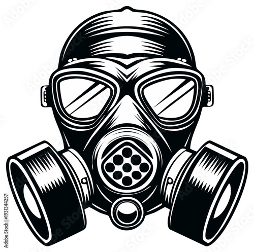 Monochrome gas mask illustration featuring symmetrical design, intricate details and industrial aesthetic, protective gear, safety equipment isolated.