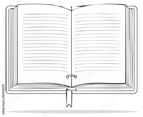 Open blank lined notebook with bookmark and elegant binding standing upright isolated on white