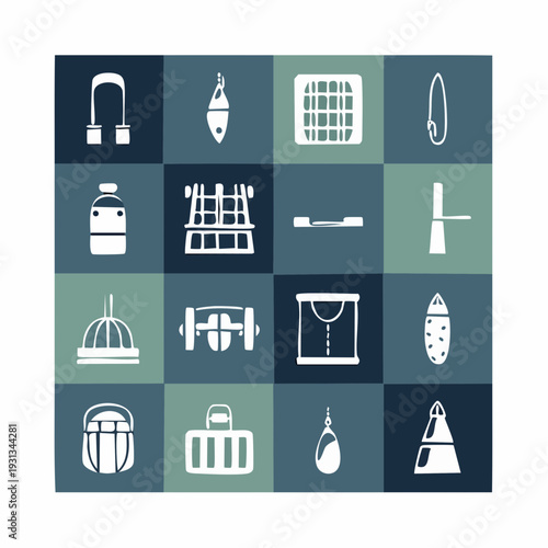 Collection of flat vector icons representing various objects and activities.