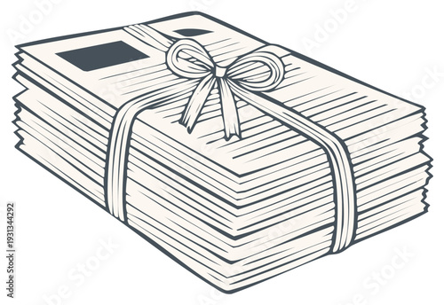 Stack of Newsprint Wrapped with Ribbon Illustration Communication Media Information Article Bundle Bound