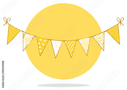 Yellow triangle bunting flags with golden cord and bow against a large yellow circle
