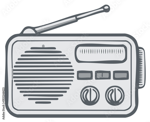 Retro radio illustration in grayscale with antenna and controls, broadcasting audio waves