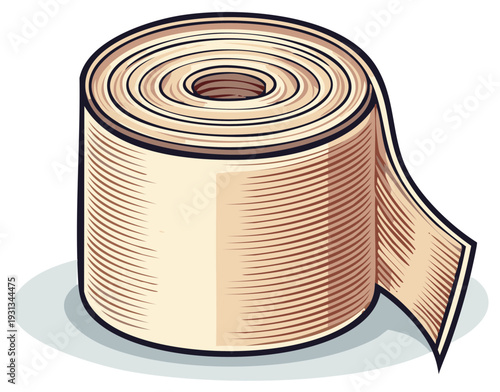 A roll of beige gauze bandage unrolling a strip isolated against a white background with a subtle shadow