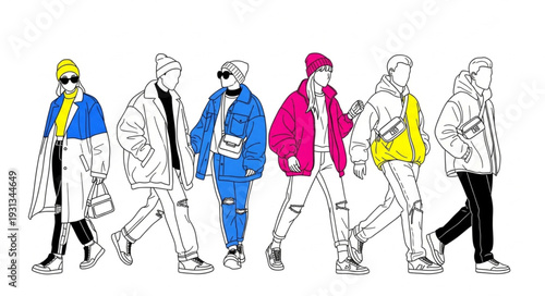 Diverse group of stylish people walking in fashionable winter clothing.