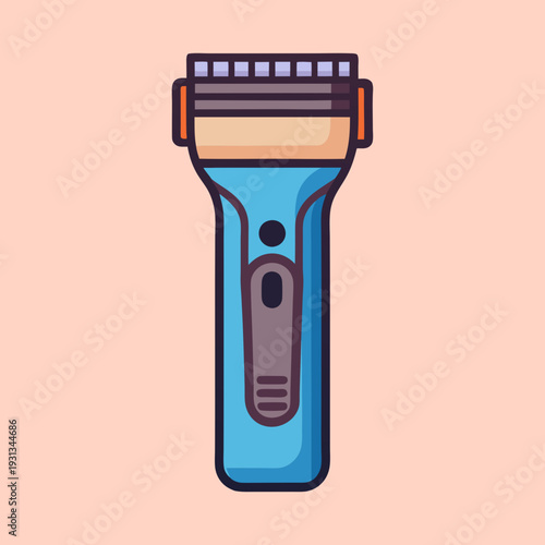 Stylized Illustration of a Blue Electric Shaver with Purple Comb and Orange Frame