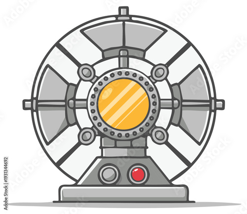 Futuristic circular machine with golden viewport, metallic casing, science fiction technology, vector illustration