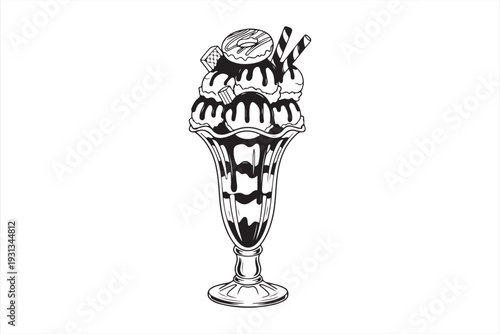 Delicious milkshake with whipped cream and straws in a tall glass serving cold dessert or drink in a vector graphic illustration