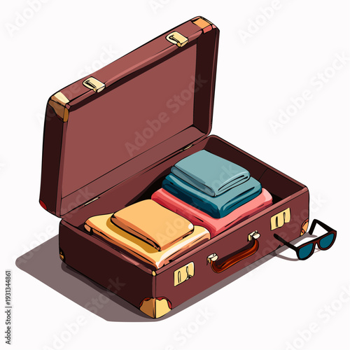 Open vintage brown suitcase packed with neatly folded clothes for travel.