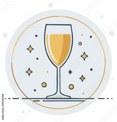 Sparkling champagne flute with golden celebratory stars and circles
