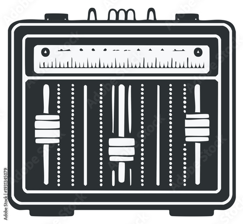 Vintage audio mixer with sliders and VU meter graphic illustration