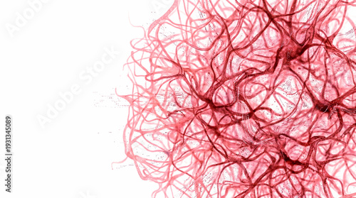 Abstract generative biological pattern with branching coral pink capillaries and neural networks on white background.
