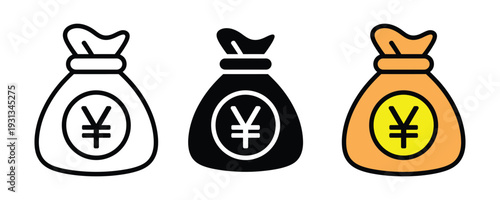 Japanese Yen and Chinese Yuan money bag icon vector. Financial symbol for Asian currency, wealth management, and banking savings. Vector Illustration.