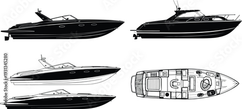 Luxury yacht and speedboat silhouette set, motorboat vector illustration in side and top view isolated background