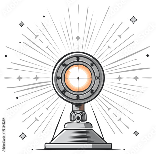 Retro Industrial Microphone Illustration with Burst Effect, Audio Equipment Icon