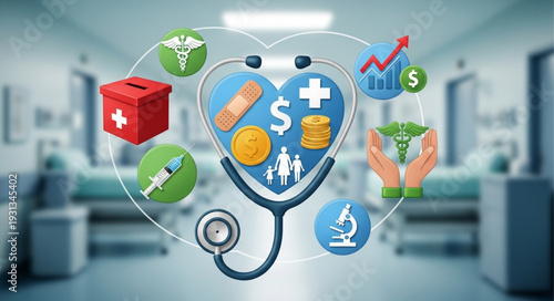 Healthcare concept with stethoscope and medical icons in a hospital setting.
