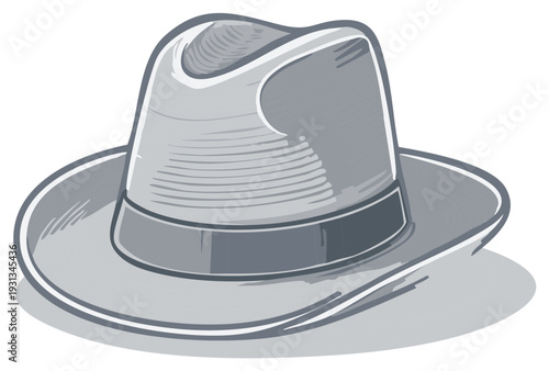 Illustration of a gray fedora hat with a shadow, classic headwear.
