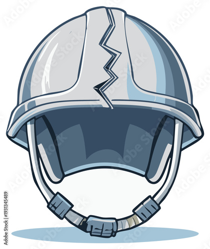 Cartoon Hard Hat with Crack Symbolizing Failure, Vulnerability, or Safety Breach. Isolated Illustration of Protective Equipment