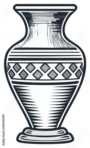 Elegant Ornate Ceramic Vase with Geometric Pattern in Gray and Black