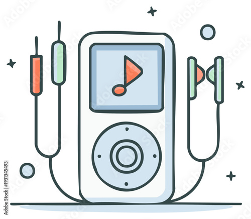Portable music player with earbuds and screen, hand drawn colorful vector style illustration