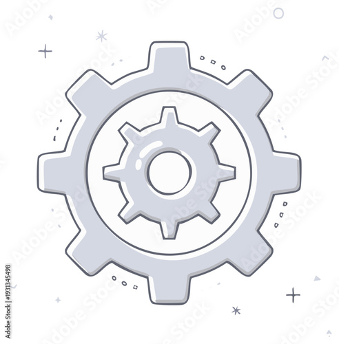 Cartoon style gear icon showing machine elements and construction symbol